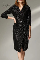 Ingvn - Sexy Solid Bandage Sequins V Neck Wrapped Skirt Dresses
