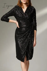 Ingvn - Sexy Solid Bandage Sequins V Neck Wrapped Skirt Dresses