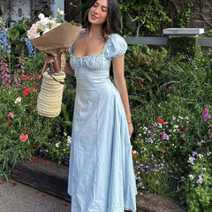 New Women Sexy Off Shoulder Elegant Party Dresses Short Sleeve Lace Up Back A-line Midi Summer Dress Blue White Robe