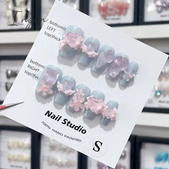 Bow Ice Translucent Sense Handmade Wearable Fake Nail Gradient AB Asymmetric Almond False Nails Trim Nail Shape Nail Decoration