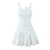 Front Button Hollow Out Embroidery White Tank Dress For Women Sleeveless Low Waist A-line Mini Holiday Summer Dresses