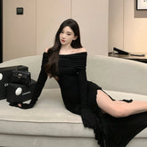 Elegant Off Shoulder Irregular Long Sleeve Dress for Women Fashion Bodycon Solid Midi Dresses Autumn One Piece Vestido Mujer New