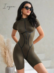 Ingvn - Short Sleeve Sexy Skinny Playsuit Women Autumn New Zipper PU Leather Striped Bodycon Playsuits Fashion Sporty Rompers
