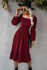 Ingvn - Square Neck Ruffle Hem Long Bubble Sleeve Midi Dress