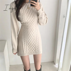 Ingvn - Fashion Hollow Out Waist Sweater Dress Women Autumn Winter High Elastic Twist Knitted Dress Casual Bodycon Mini Dress 3 Colors