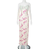 Lace Print Spaghetti Strap Sexy Maxi Dress Women Elegant Off-shoulder Sleeveless Backless High Waist Bodycon Dress