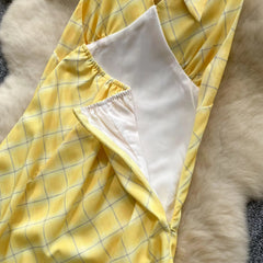 Chic Sexy V-neck Plaid halter Ruched Fairy A-line loose Summer Women Boho Sundress women clothing