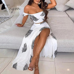 Ingvn - Off Shoulder Women Two Piece Set Sexy Slash Neck Top and Slit Summer Long Party Dress Suits Spring Floral Print Skirts Sets
