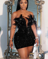Luxury Birthday Women’s Feathers Sequin Strapless Deep V-neck Black Bodycon Mini Dresses Sexy Club Party Night Prom Robe
