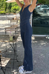 Ingvn - Casual Street Solid Backless Zipper V Neck Regular Jumpsuits