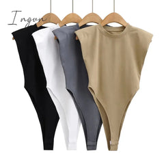 Ingvn - Sexy tops women Summer one-pieces bodycon bodysuit padded shoulder bodysuit black sleeveless body suits for women white