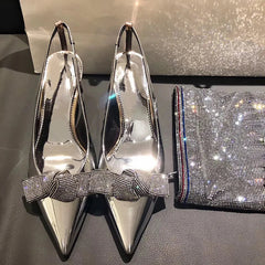 High Heels Silver Rhinestone Pointed Toe Women's Pumps Shoes Back Strap 6cm Heels Women's Rhinestone Bow Baotou Heels Women