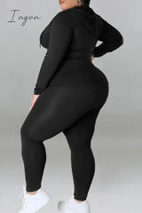 Ingvn - Black Casual Solid Patchwork Draw String Pocket Zipper Hooded Collar Plus Size Two Pieces