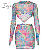 Ingvn - Women Autumn Winter Long Sleeve Hollow Out Printed Mesh Backless Bodycon Mini Dress Female Clothing Streetwear