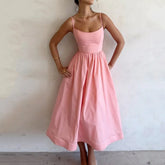 Women's Trade Summer New Solid Color Sexy U-collar Waist Pleated Sling dress