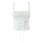 Lace Trim Floral Print Sweet Camis Women Lacing Up Bandage Back Summer Tops French Style Retro Holiday Tank Top