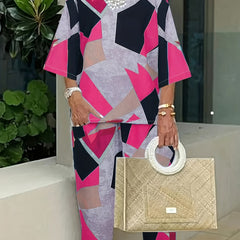 Plus Size Casual Outfit Set, Women's Plus Geo Print Round Neck Loose Fit Tee & Pants Outfits Two Piece Set