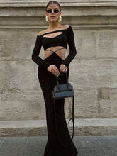 Hollow Out Long Sleeve Sexy Maxi Dress For Women Black Solid Backless Bodycon Club Party Sexy Long Dress Elegant