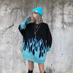 Ingvn - Autumn Winter Harajuku Flame Knitting Batwing Sleeve Sweater Casual Long Women Tide Printed Sweater Loose Boyfriend Pullovers