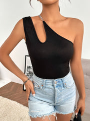 Summer One Shoulder Tank Top, Chain Decor Casual Cut Out Sleeveless for Women