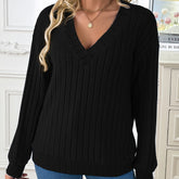 1pc Elegant Women'S V-Neck Ribbed Sweater - 100% Polyester Knit Fabric, Solid Color, Long Sleeve, Regular Length for Spring/Fall