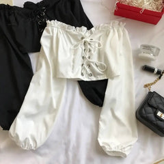 Ingvn - Womens Off Shoulder Top Long Sleeve Ruffle Vintage Blouse With Puff Sleeves Lace Up Ladies Tops Bandage Crop Tops Black White