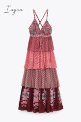 Ingvn - Women Floral Print Ruffles Layer Patchwork Pleated Sling Dress Female Off Shoulder Sleeveless V-Neck Summer Beach Vestido