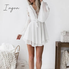 Ingvn - Sexy Crochet Lace V-Neck Mini Dress Summer Flare Sleeve Chiffon Beach Sundress Elegant Women Dress Party Sexi