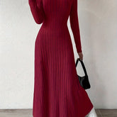 Long Sleeve Ankle Ribbed Crew Neck Sweater Dress for Fall & Winter, Elegant Women's Clothing