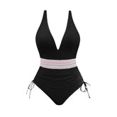 2025 Women's Swimsuit Zigzag Print Contrast Color Plunging Neck Cinched One-piece Swimsuit Beach Swimwear