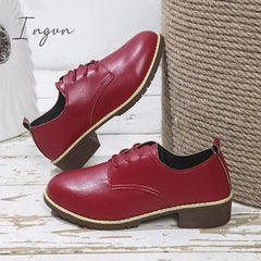 Ingvn - Women's Oxfords Daily Block Heel Round Toe Casual Minimalism PU Leather Lace-up Solid Colored Black Red
