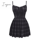 Ingvn - Gothic Girls Plaid Pleated Punk Dress Preppy Style Red Black Spaghetti Strap Sexy Sleeveless Mini Short Dresses Goth Streetwear