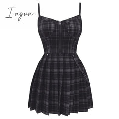 Ingvn - Gothic Girls Plaid Pleated Punk Dress Preppy Style Red Black Spaghetti Strap Sexy Sleeveless Mini Short Dresses Goth Streetwear