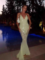 Sexy Sequin Halter Backless Shiny Long Dress Women's Sleeveless V Neck Chic Glitter Dresses Party Evening Vacation Holiday