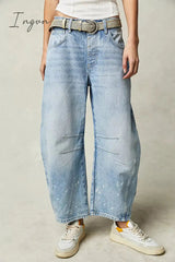 Ingvn- Casual Vintage Solid Pocket Without Belt Mid Waist Loose Denim Jeans(No Belt)