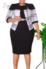 Ingvn - Purple Plus Size Elegant Striped Patchwork With Belt O Neck Wrapped Skirt Plus Size Two Pieces