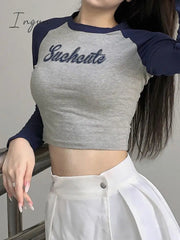 Ingvn - Patchwork Letter Print Casual Cotton Tshirt Women Fashion Long Sleeve Cropped T-shirt Ladies Skinny Basic Streetwear