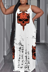 Ingvn - White Sexy Casual Print Backless Spaghetti Strap Long Dress Plus Size Dresses