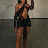 Ingvn - Tassel Stitching Sexy Dress For Women Evening Clubbing Party Square Collar Halter Hollow Out Backless Lace Mini Dress