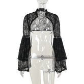 Y2K Gothic Black Lace Mesh See Through Flared Sleeve Smock Vintage Elegant Aesthetic Chains Women Fashion Tops Autumn