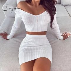 Ingvn - Striped V Neck Slim Knit Soft Summer Dress Women Spring Off the Shoulder Long Sleeve Mini Dress Elegant Ladies Party Dress