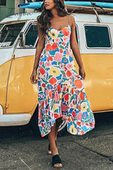 Ingvn - Floral Printed Summer Backless Mid Calf Dress With Pocket