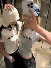 Puppy With Pearl Slim T-shirts Woman Summer Round Neck Cotton Short Sleeve Tee Gray Sweet Cute Animal Tshirt New Crop Tops Y2k