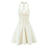 Sexy Backless Halter Mini Plaid Dress Women Deep V Lacing Up Bandage Back A-line Holiday Summer Dresses Short Robe