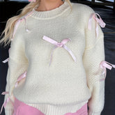 1pc Y2K Style Women'S Acrylic Knit Pullover Sweater - Crew Neck, Long Sleeve, Solid Color with Satin Bow Accents, Medium Stretch Fabric, Regular Length - Spring/Fall Fashion