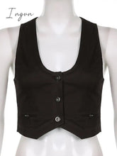 Ingvn - y2k Button Corset Top Black Sleeveless Tank Tops Skinny V Neck Aesthetic Punk Crop Top Grunge Fairycore Women Vests