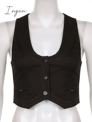 Ingvn - y2k Button Corset Top Black Sleeveless Tank Tops Skinny V Neck Aesthetic Punk Crop Top Grunge Fairycore Women Vests