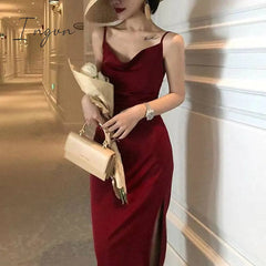 Ingvn - New French Vintage Women Elegant Party Dresses Summer Red Silk Mid Length Spaghetti Straps Long Satin Dress