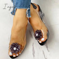 Ingvn - Studded Flower Design Transparent Wedge Sandals