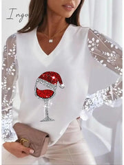Ingvn - Women's T shirt Tee Maroon Silver Peach Graphic Reindeer Patchwork Lace Trims Long Sleeve Christmas Casual Christmas V Neck Regular S